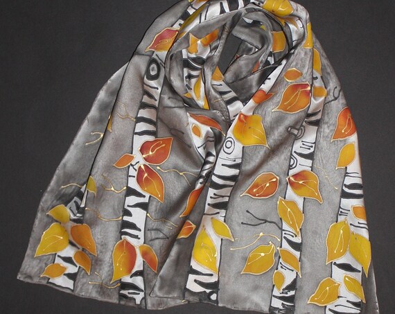 Hand painted silk scarf,Gold leaves,Birch tree long scarf,Gift for her,Black yellow gold colors,Nature,Forest,Trees,Gift for Russian