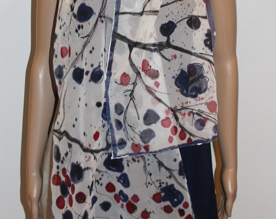 75-15 in hand painted summer silk scarf,white navy blue red scarf,tree branches flowers,Head cover,delicate scarf,gift for mom,mother gift