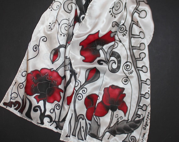 Hand painted poppy scarf, Long silk satin scarf, White red black scarf
