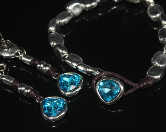 handmade jewelry set, Blue crystal with silver plated bangle and earrings