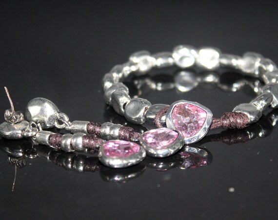 handmade jewelry set, With pink crystal and silver plated bangle and earrings