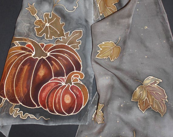 Hand painted Thanksgiving scarf,Pumpkin gift,Fall silk scarf,Long gray chiffon scarf,Leaves pumpkin scarf,Fall pattern,gift for her