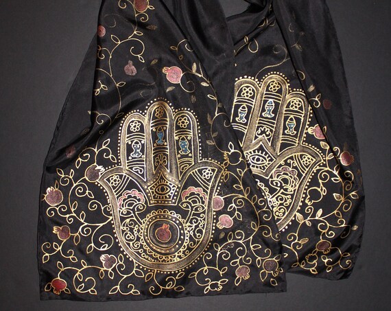 74-14in hand painted hamsa pomegranate silk scarf,Long black gold scarf,Jewish gift,gift for her,gift for mother,hanukkah,jewish art