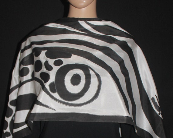Hand painted abstract silk scarf black and white colors, gift for her