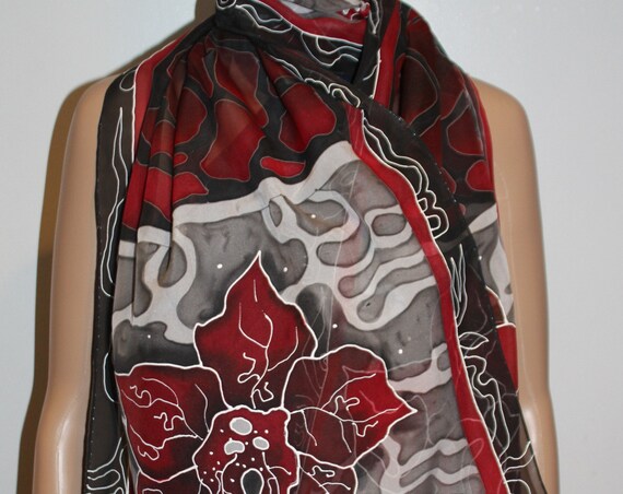 71-17 in Hand painted scarf,Red black gray long silk scarf, Magnolia,Flowers, gift for mom, mother gift