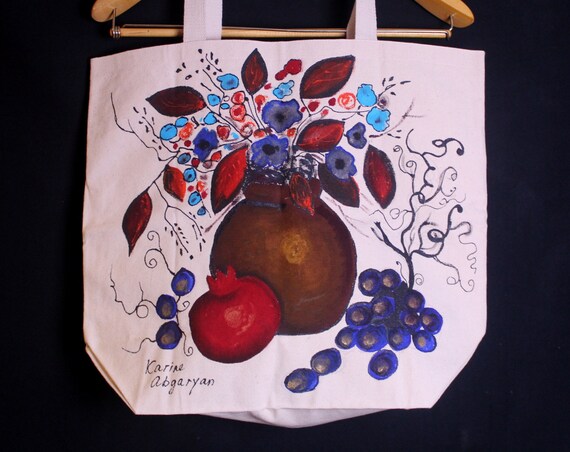 Hand painted bag,Groceries Tote Bag Large,Heavyweight Canvas Bag,Fruits pomegranates flowers,Back pockets,Batik,Armenian art,Armeninag gift