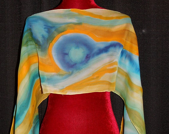 Hand painted silk chiffon scarf, Gem pattern scarf, Yellow mustard turquoise teal color with Earrings, Gift set for her