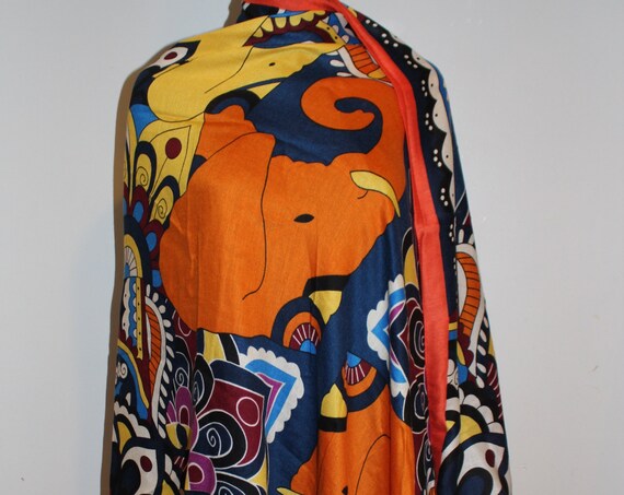 36-76" Yellow orange elephant scarf,indian ethnic boho style,wrap,shawl,fall winter gift for her,colorful designer scarf,ASAP,Animal print
