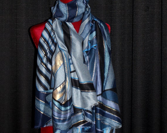 Striped Print Scarf Soft Long Gold Bronzing Glitter Shimmer Cotton Viscose Shawl