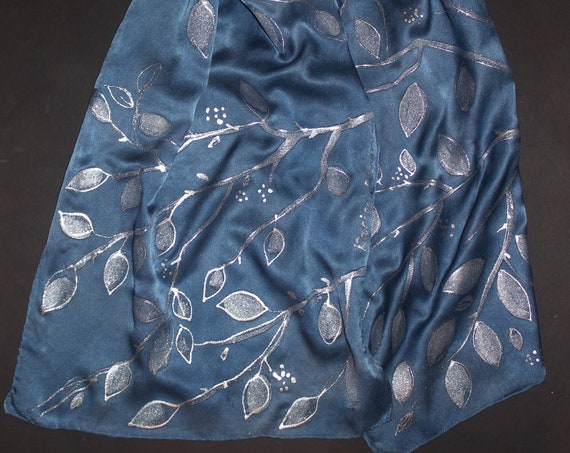 Hand painted and hand dyed long silk scarf, Brilliant shining silver leaves on cobalt blue