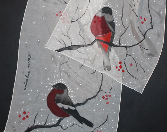 Hand painted scarf,Winter,Snowflake,Bird scarf,Holiday gift,Bullfinch,Painted silk,Long Chiffon scarf,Red white black,Gift for her