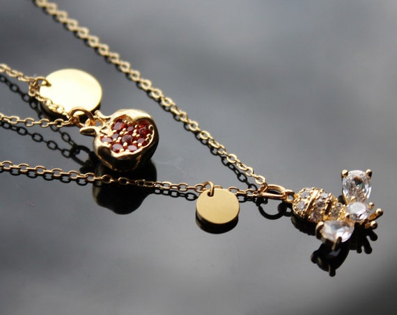 Bee pomegranate multilayer gold plated necklace