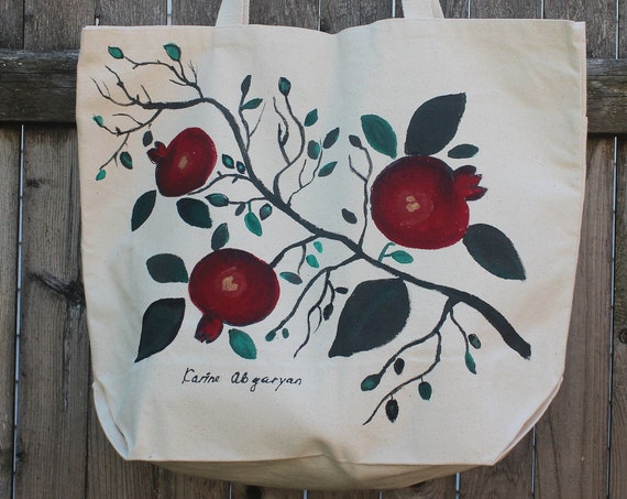 Hand painted pomegranate heavy tote bag, grocery bag, Armenian gift Armenian bag