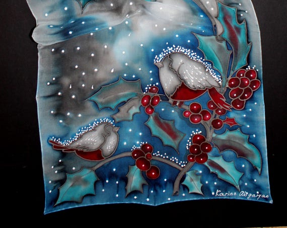 Hand painted winter scarf,Winter bird scarf,Long blue chiffon scarf,Snowflakes,Hand dyed Bullfinch scarf,Viburnum berries scarf,Gift for her
