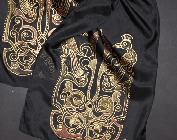 74-14 in Hand painted Armenian silk scarf, Long black gold scarf,Evening dress scarf, Armenian bird ornament