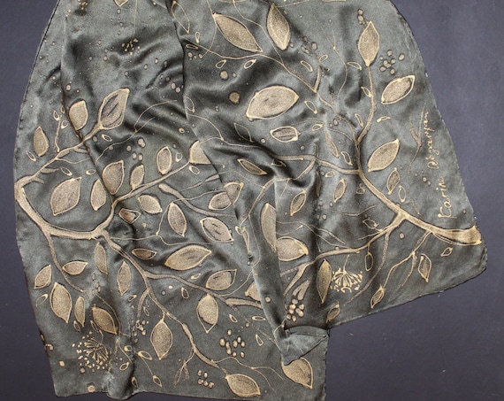 Hand painted and hand dyed silk scarf,Gold leaves,Green long silk wrap shawl,Luxury autumn fall gift,Gift for her,Batik,Gold scarf,ASAP gift