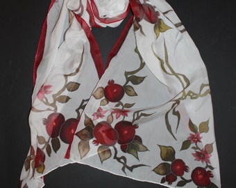 Hand painted silk scarf,Pomegranate gift,Pomegranate art,white long silk chiffon scarf, summer head cover,Red white scarf