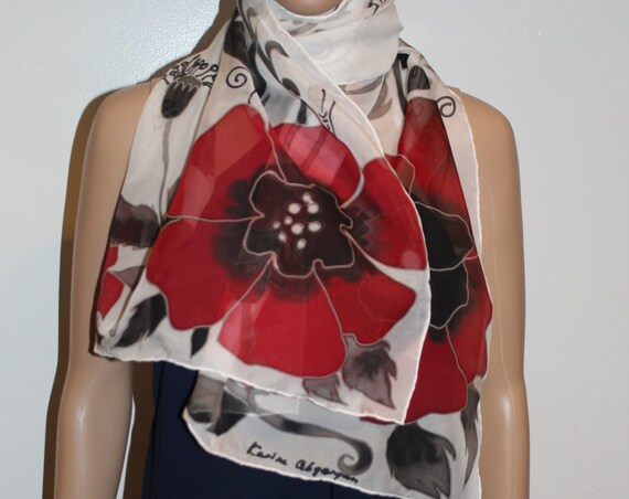 Hand painted Poppy scarf, Red poppy, White red black long silk scarf,Gift for her, Floral pattern