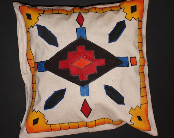 18-18 in Hand painted throw pillow,Geometric ornament,orange black red natural white,native ,100% Cotton,Natural Canvas Pillow Cover