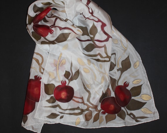 Hand painted silk scarf,Pomegranate scarf,Jewish Armenian gift, Red white long silk scarfHanukkah