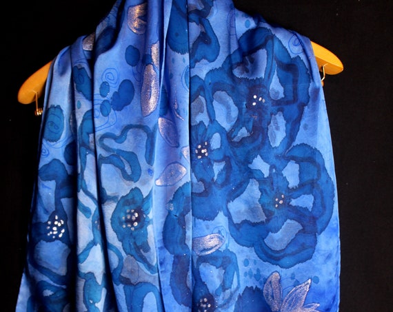 Hand painted hand dyed silk satin scarf, Blue poppy long scarf, Silver leaves ,Blue flowers