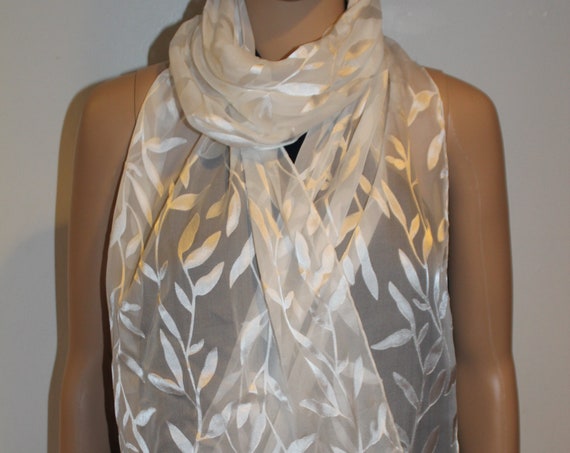 80-13 in Silk scarf, Leaves pattern,Extra long scarf,Summer gift,White long scarf, Bridal gift, Bridesmaid gift,Hand hemmed Luxury scarf