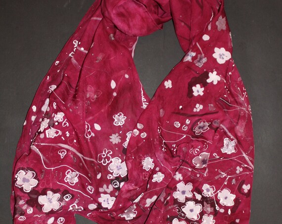 Hand painted hand dyed pure silk chiffon scarf,Cherry blossom,Sakura,Spring gift for mother,Gift for her, Large wine silk scarf