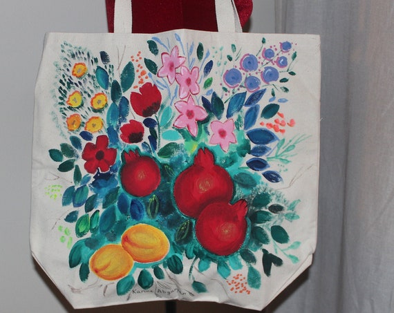 Hand painted bag,White cotton canvas bag,with pockets,Batik,Flowers,Fruits,Pomegranates,Poppies,Gift for mother,Armenian art,Armenian gift