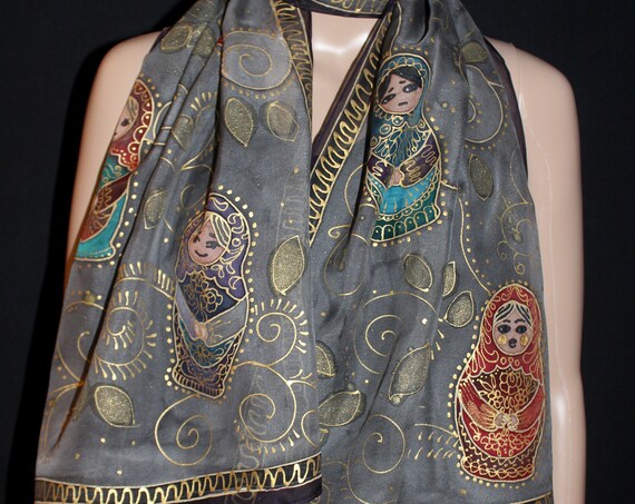 Hand painted russian doll silk scarf, Perfect gift for russian, for wife, Matryoshka gift