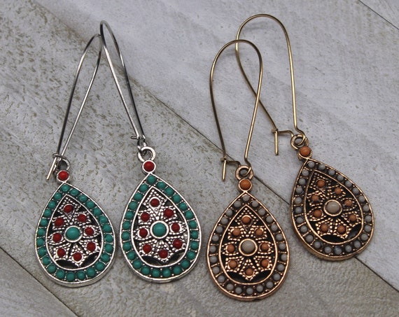 Turquoise Red Water Drop Earrings,Ethnic american indian native jewelry,Long Hanging Dangle Vintage Antique Earrings,Old Style Earrings