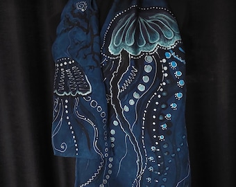 Hand dyed and hand painted jellyfish, marine ocean silk scarf