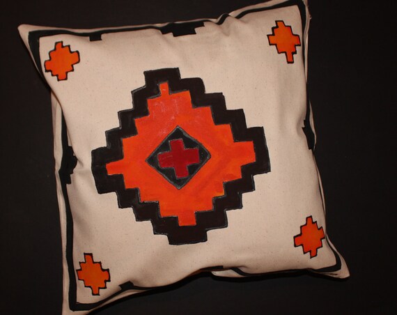 18-18 in Hand painted throw pillow,Geometric ornament,orange black red natural white,native ,100% Cotton,Natural Canvas Pillow Cover
