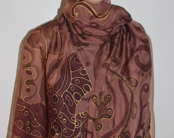 27-79 in hand painted silk scarf,wrap sarong shawl,exrta large brown gold fall chiffon scarf,gold leaves flowers,ready gift for her,ASAP