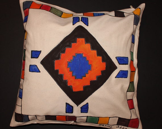18-18 in Hand painted throw pillow,Geometric ornament,orange black red natural white,native ,100% Cotton,Natural Canvas Pillow Cover