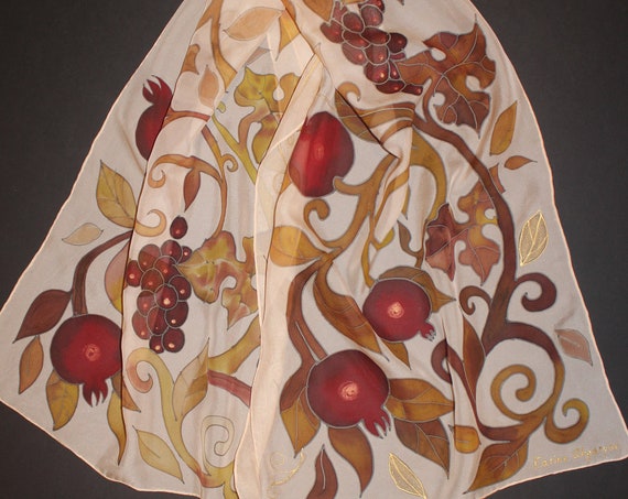 Hand painted silk scarf, Pomegranate scarf with ivory background with hand stitched edges