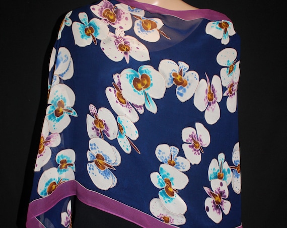 80-23 in Hand painted floral SILK scarf Amazing quality Free return READY to ship