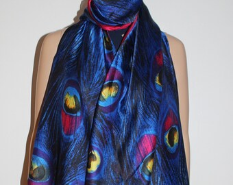 74-28 in Peacock scarf,Blue peacock tail,Sarong,Evening prom dress scarf,Navy royal blue,evening dress scarf Pareo Wrap Swimsuit Cover up