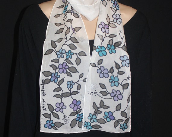 SHIPPING from US,ASAP,Forget me not,Hand painted scarf,Long white silk scarf,Batik,Armenian gift,Armenian art,Gift for her,Gift for Armenian