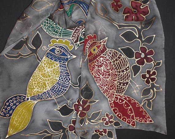 Hand painted silk scarf,Gold bird scarf,Gray red gold,Long chiffon scarf,Fall gift,Autumn gift for her