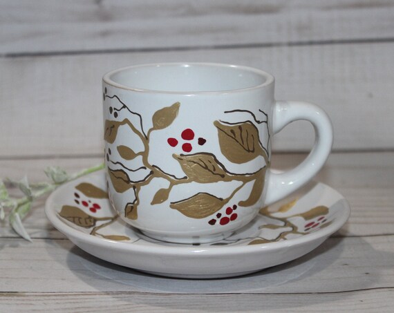 Hand painted 4oz. Espresso Cups with Matching Saucers gold leaves