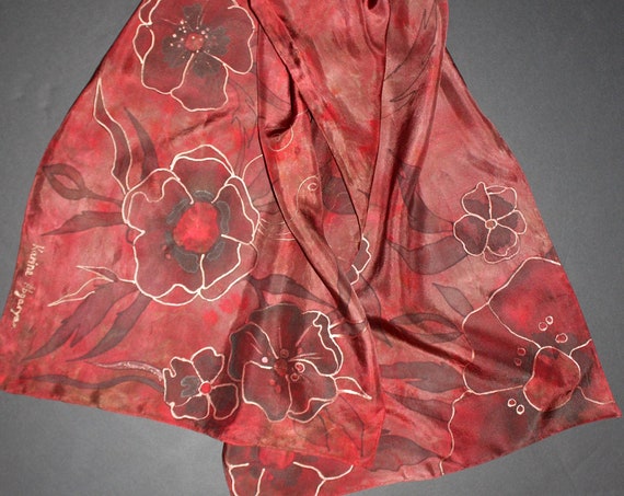 57-17 in Hand painted hand dyed silk scarf poppies