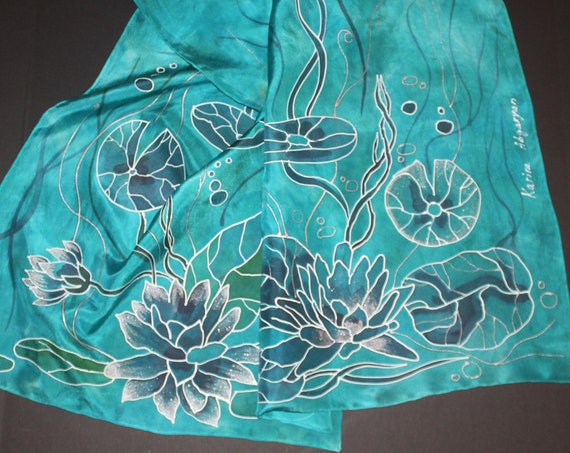 Hand painted water lily silk scarf