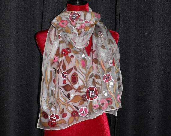 Hand painted silk scarf Poppies, Gift for her, Poppy lover gift