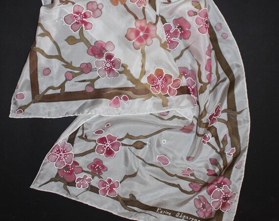 Hand painted silk scarf, Cherry blossom long scarf, Gift for mother, Sakura, Spring gift