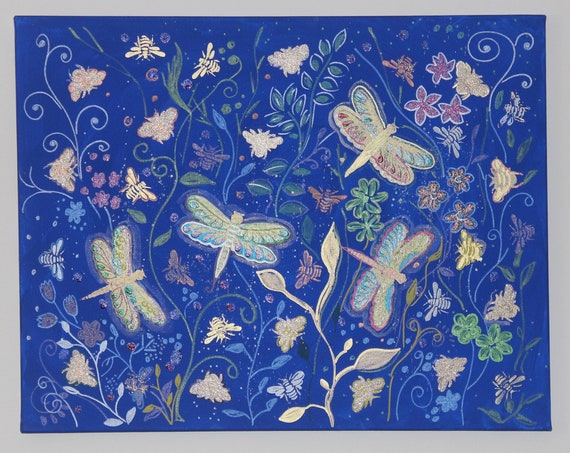 Original painting dragonflies and bees