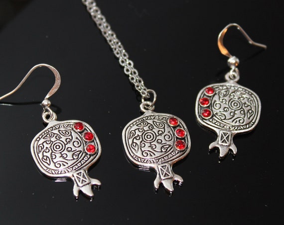 Pomegranate jewelry set earrings and necklace ancient gold and silver
