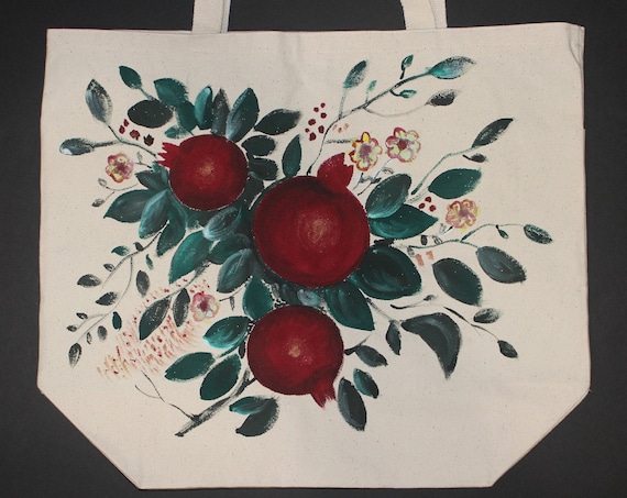 Hand painted heavy duty extra large pomegranate tote bag, grocery bag
