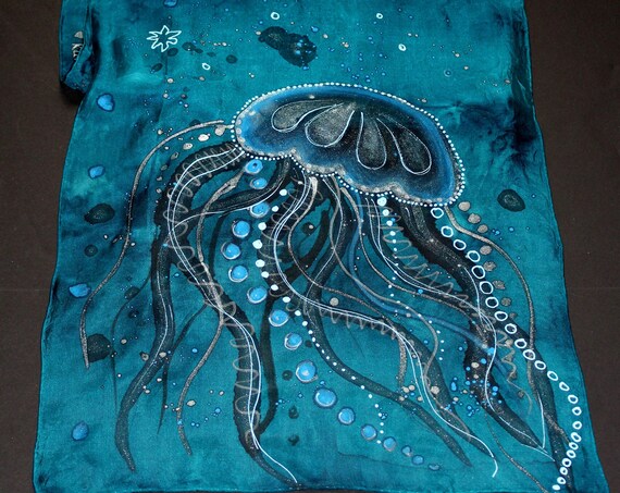 Hand dyed and hand painted Octopus marine ocean silk scarf