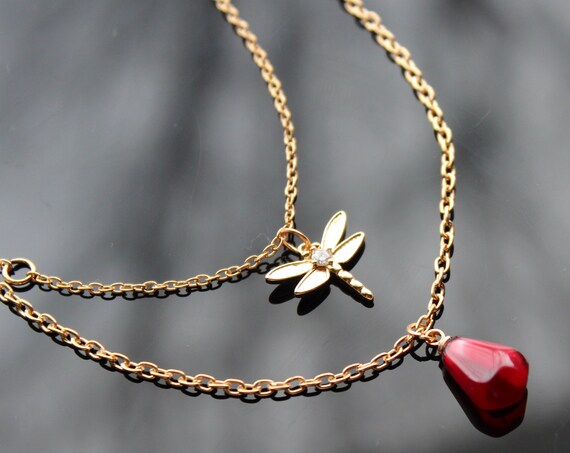 14K gold plated stainless steel non tarnish non allergic Pomegranate dragonfly necklace
