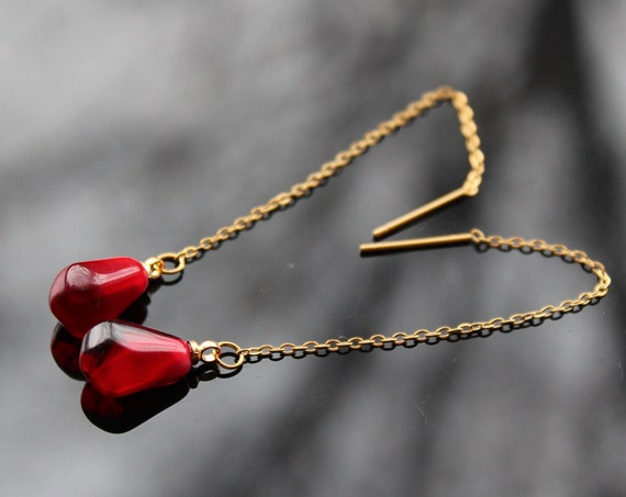 14K gold plated stainless steel Pomegranate seed long chain earrings non tarnish